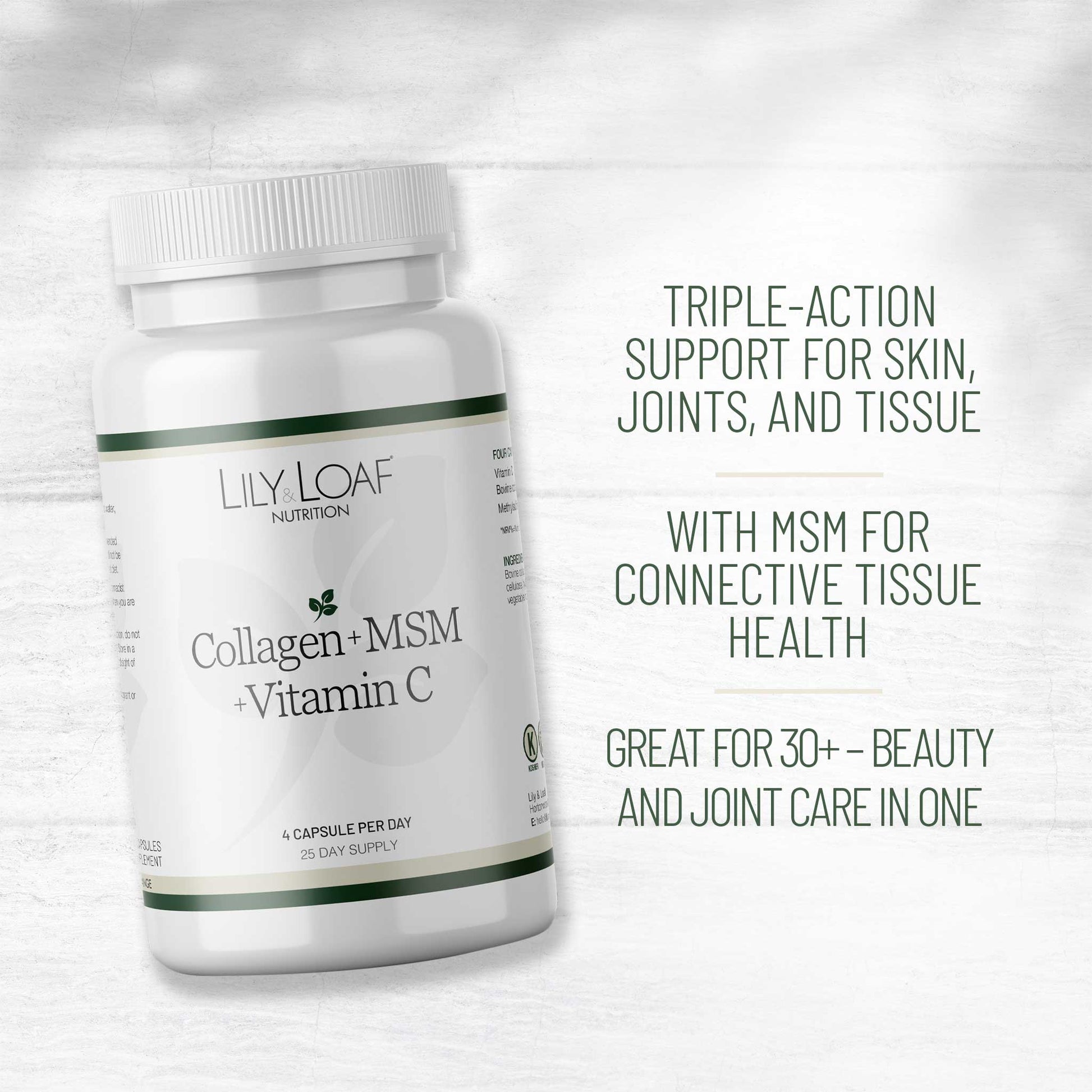 Lily Loaf Collagen, MSM and Vitamin C Nutrition supplement bottle with text on a light grey background