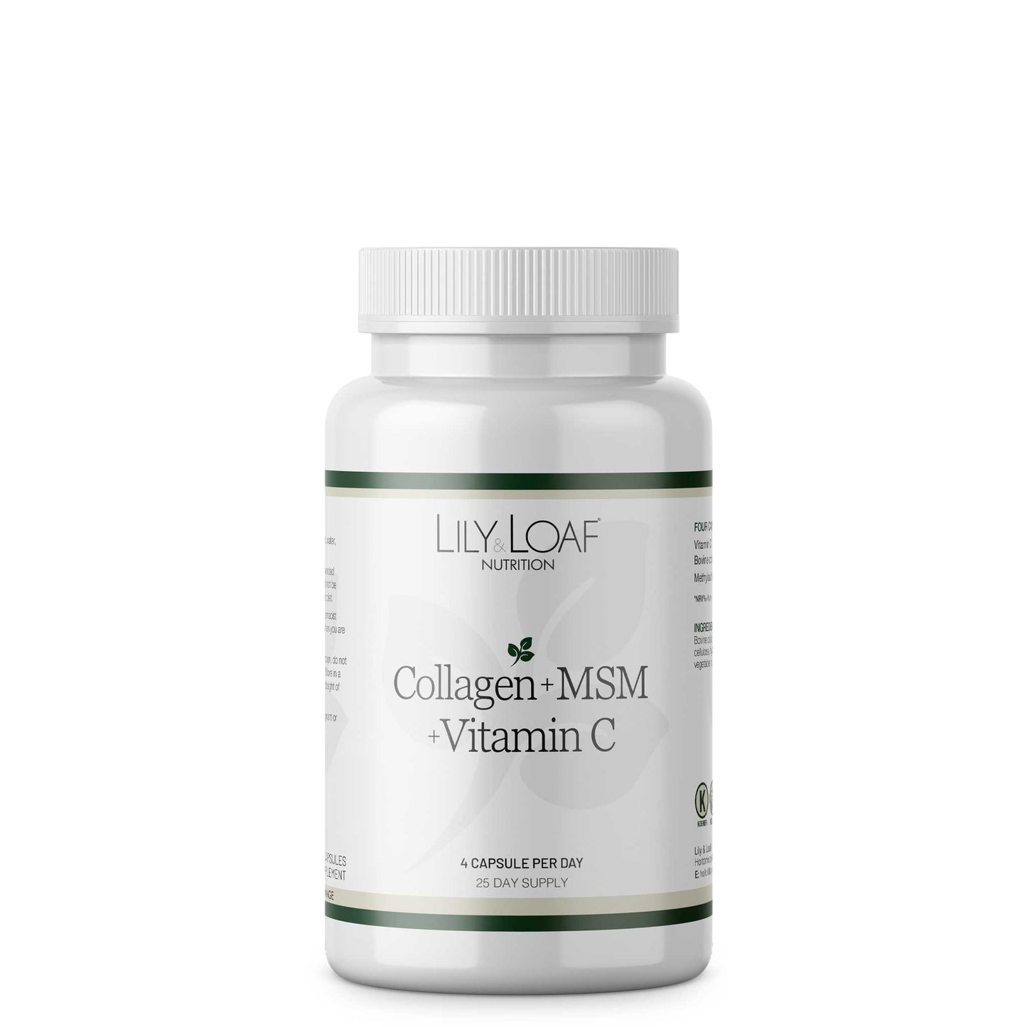 Collagen, MSM and Vitamin C Supplement bottle labelled 'Lily & Loaf Nutrition' with ingredients on a white background