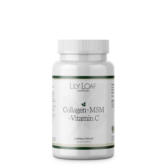 Collagen, MSM and Vitamin C Supplement bottle labelled 'Lily & Loaf Nutrition' with ingredients on a white background
