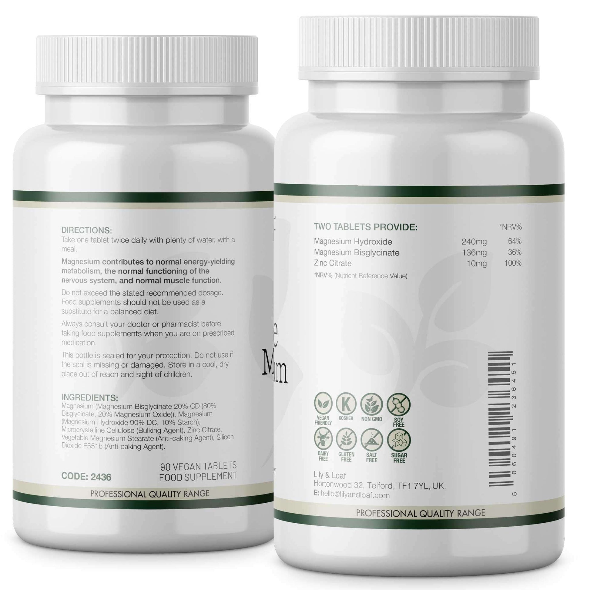 Back view of Lily & Loaf Double Magnesium bottle showing directions, ingredients, and nutrition information for 2 vegan tablets.