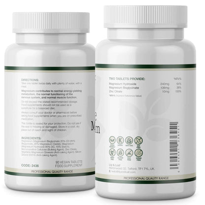 Back view of Lily & Loaf Double Magnesium bottle showing directions, ingredients, and nutrition information for 2 vegan tablets.