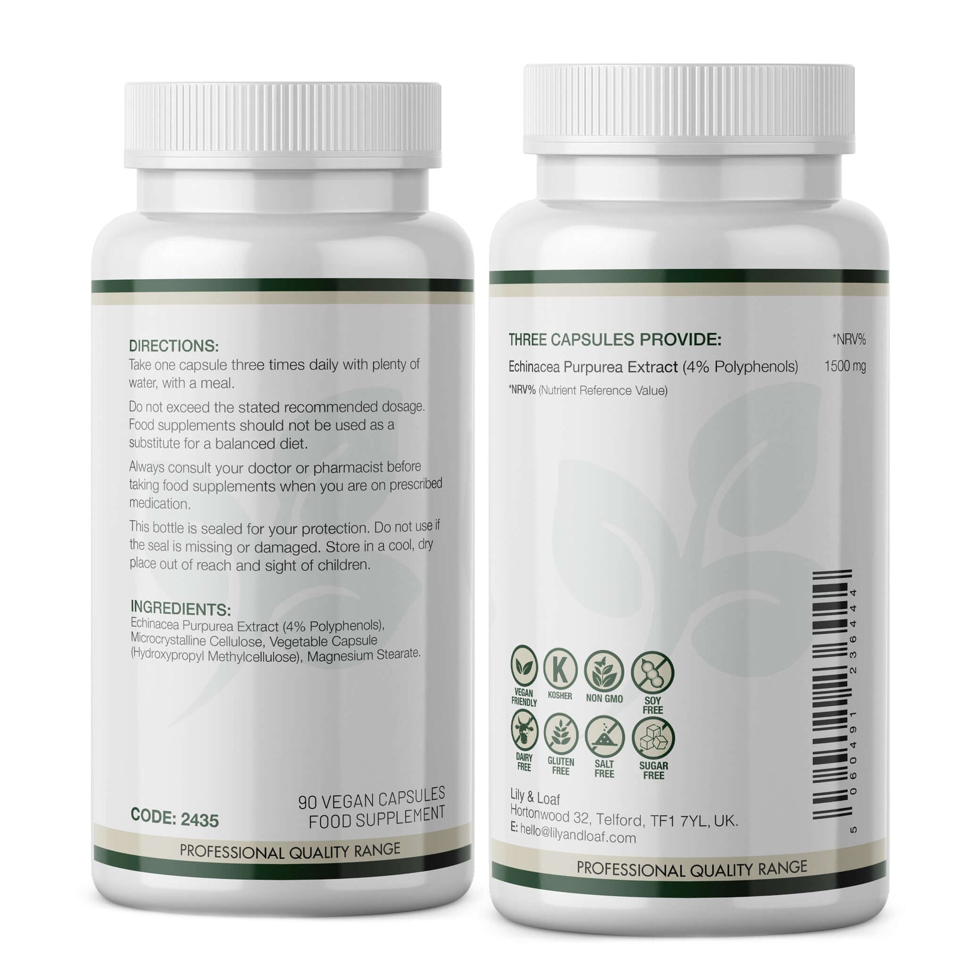Back view of Lily & Loaf Echinacea 1500mg bottle showing directions, ingredients, and nutrition information for 3 vegan capsules