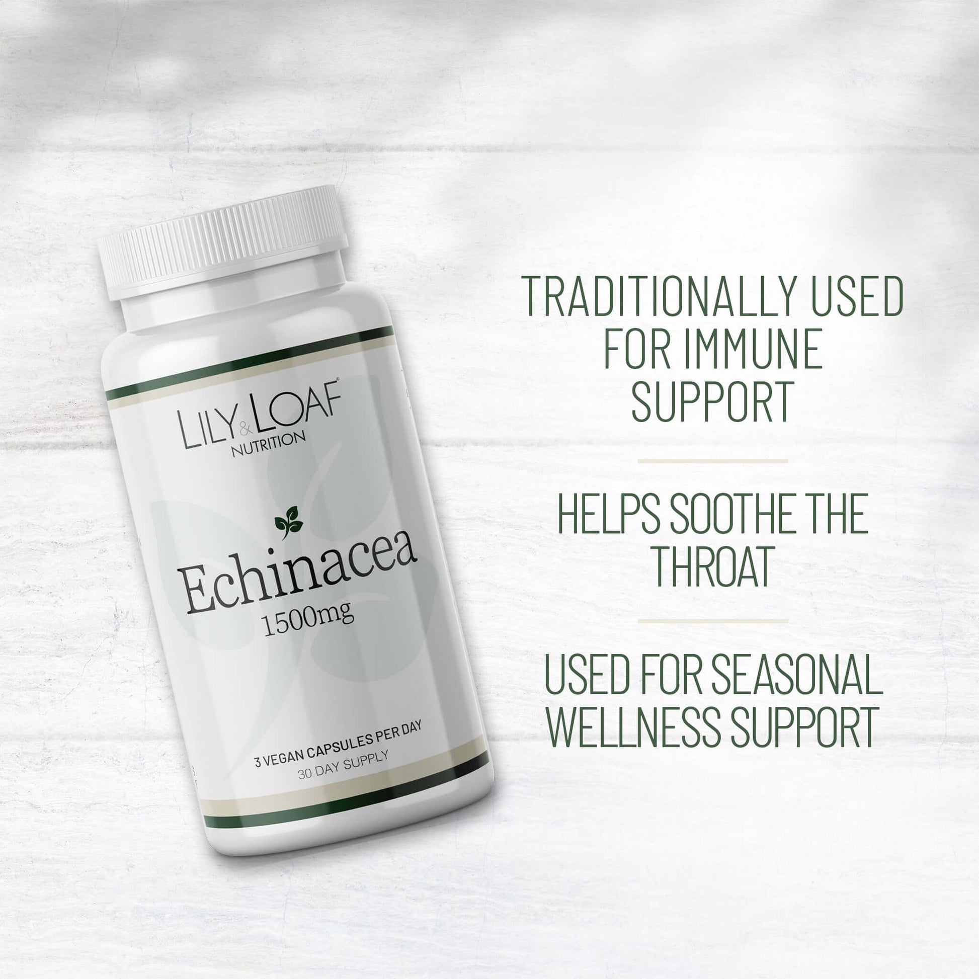 Lily & Loaf Echinacea 1500mg bottle with text: traditionally used for immune support, soothes throat, and seasonal wellness support.