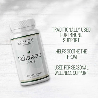 Lily & Loaf Echinacea 1500mg bottle with text: traditionally used for immune support, soothes throat, and seasonal wellness support.