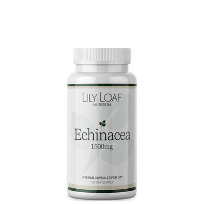 A bottle of Lily Loaf Echinacea supplement with 1500mg dosage, indicating 30 day supply.