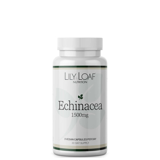 A bottle of Lily Loaf Echinacea supplement with 1500mg dosage, indicating 30 day supply.