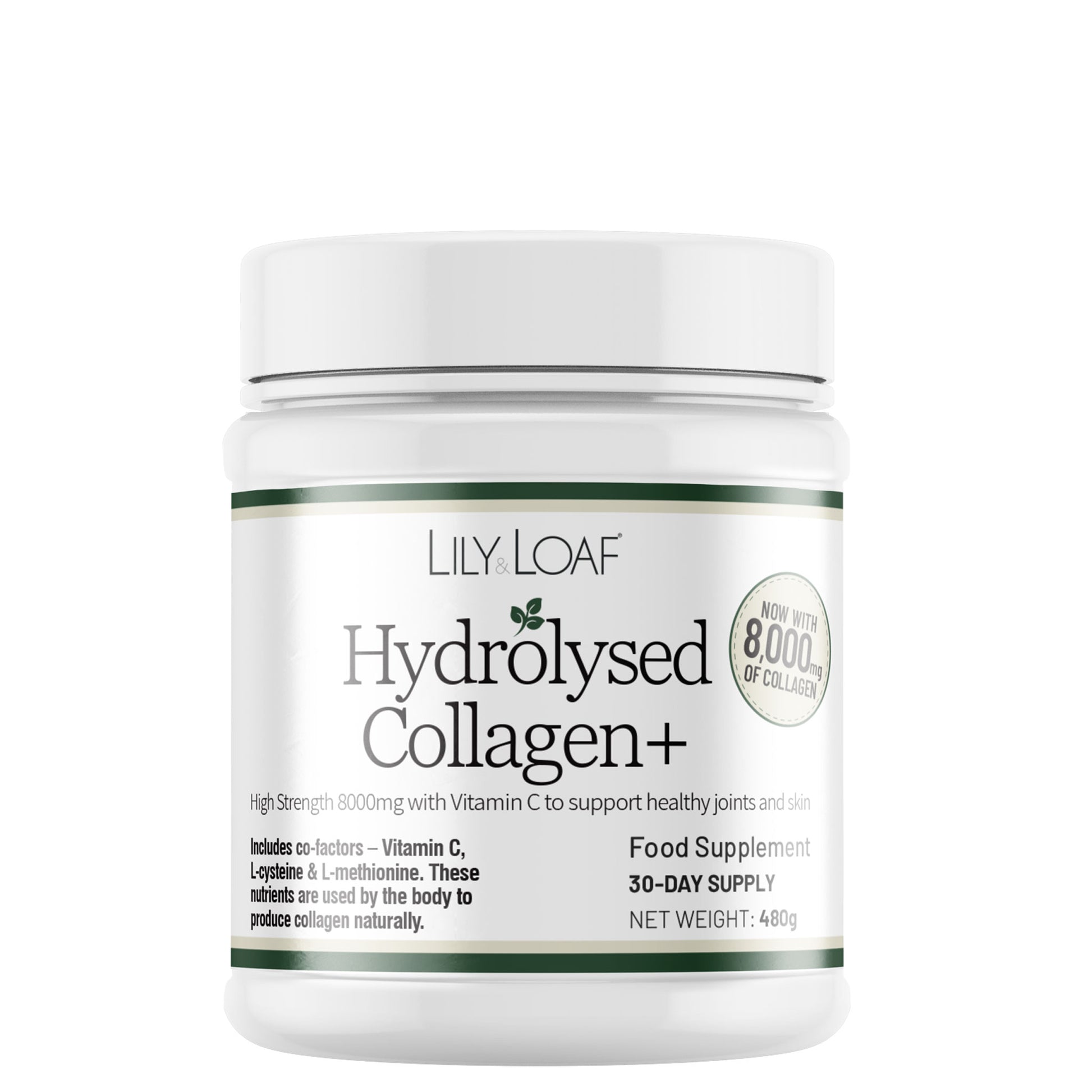 Lily & Loaf Hydrolysed Collagen+ supplement container on a white background