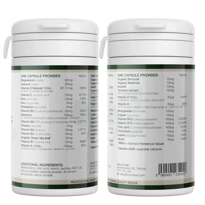 Back view of Lily & Loaf Multi-Vits & Minerals bottle showing full nutritional information and ingredient list for one vegan capsule.