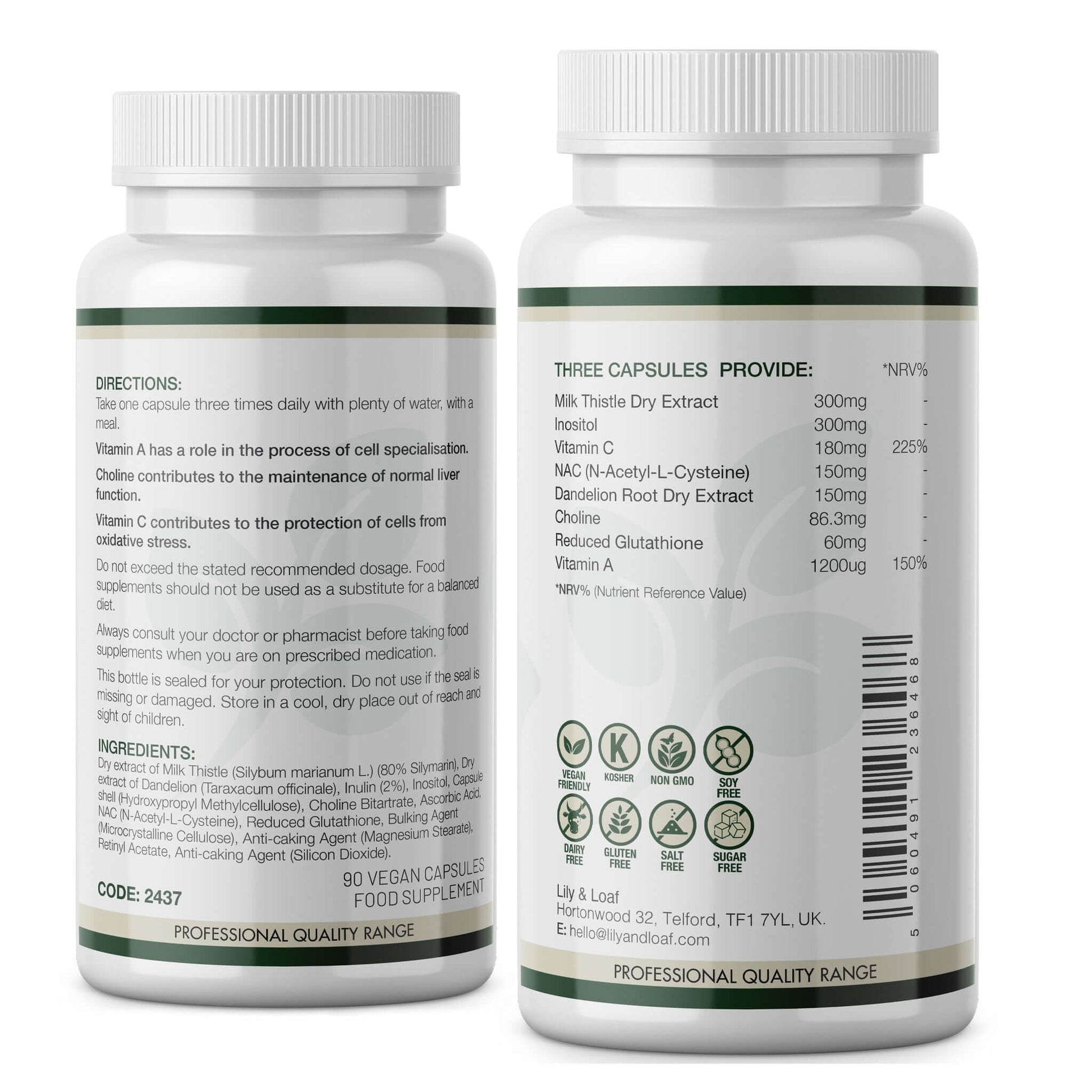 Lily & Loaf Milk Thistle & N-Acetyl Cysteine bottle showing directions, ingredients, and nutrition information.