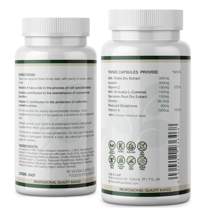 Lily & Loaf Milk Thistle & N-Acetyl Cysteine bottle showing directions, ingredients, and nutrition information.