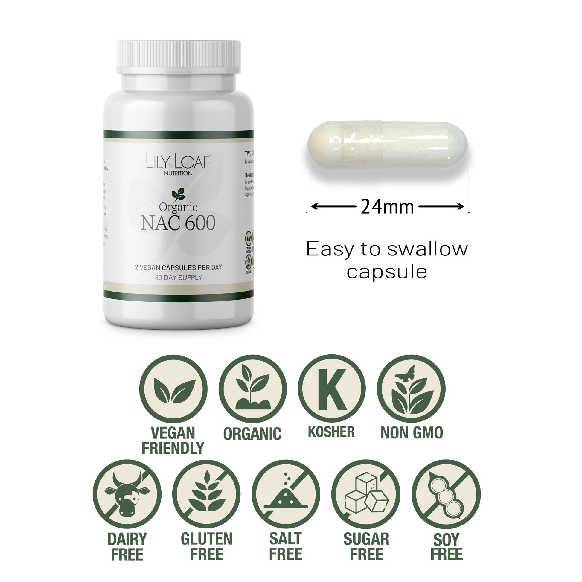 NAC 600 capsule size and free from allergen symbols