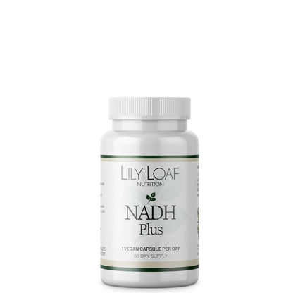 A bottle of Lily & Loaf NADH Plus supplement against a white background