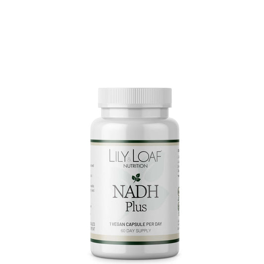 A bottle of Lily & Loaf NADH Plus supplement against a white background