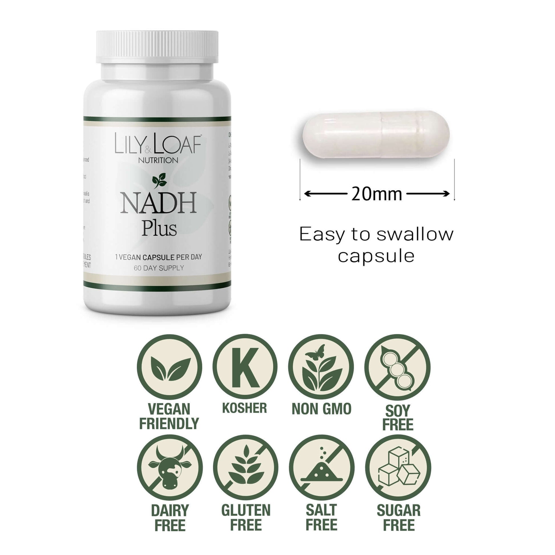 Lily & Loaf NADH Plus bottle with 20mm capsule shown; vegan-friendly, non-GMO, kosher, and free from dairy, gluten, soy, salt, and sugar.