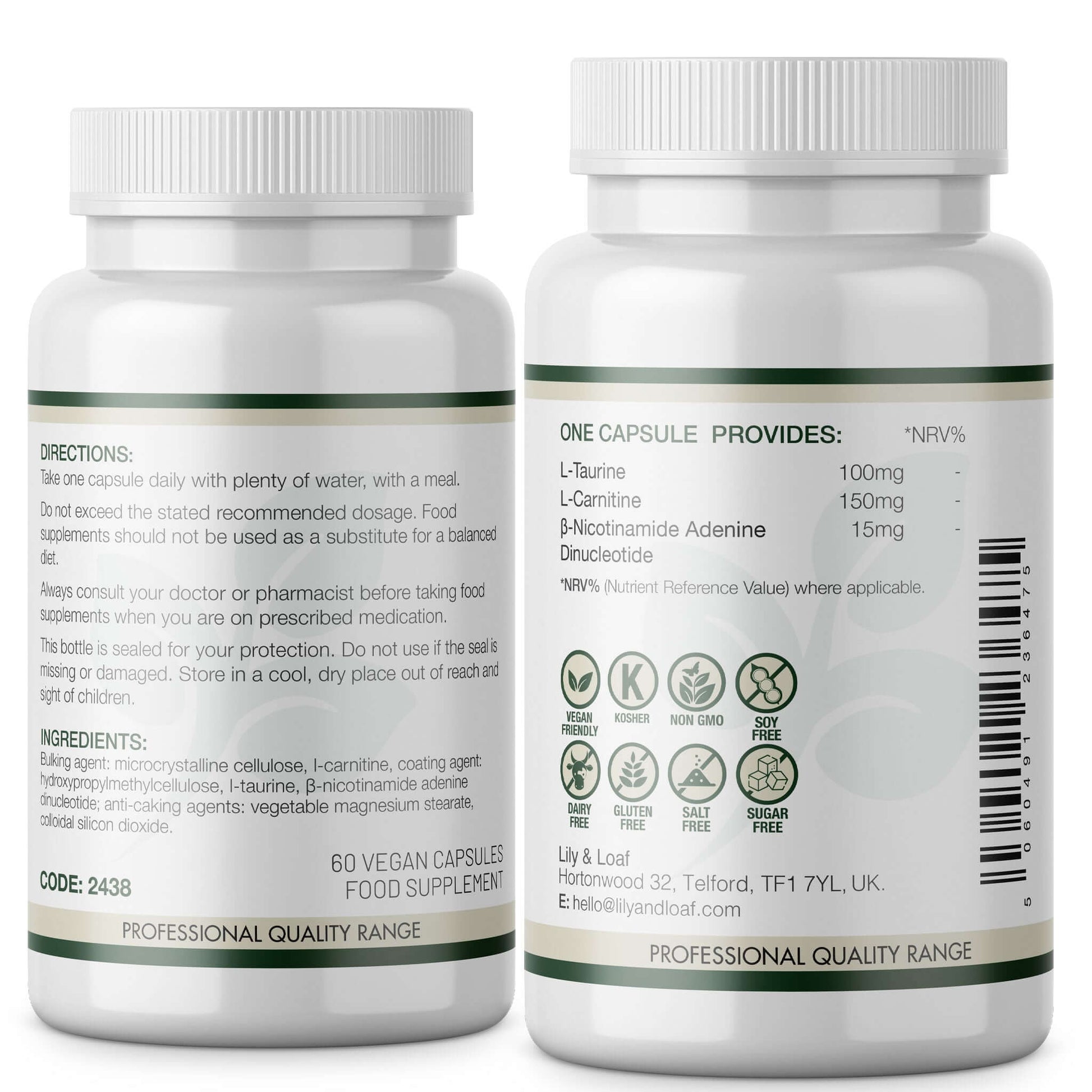 Back view of Lily & Loaf NADH Plus bottle showing directions, ingredients, nutritional information, and dietary icons including vegan and non-GMO.
