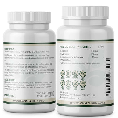 Back view of Lily & Loaf NADH Plus bottle showing directions, ingredients, nutritional information, and dietary icons including vegan and non-GMO.