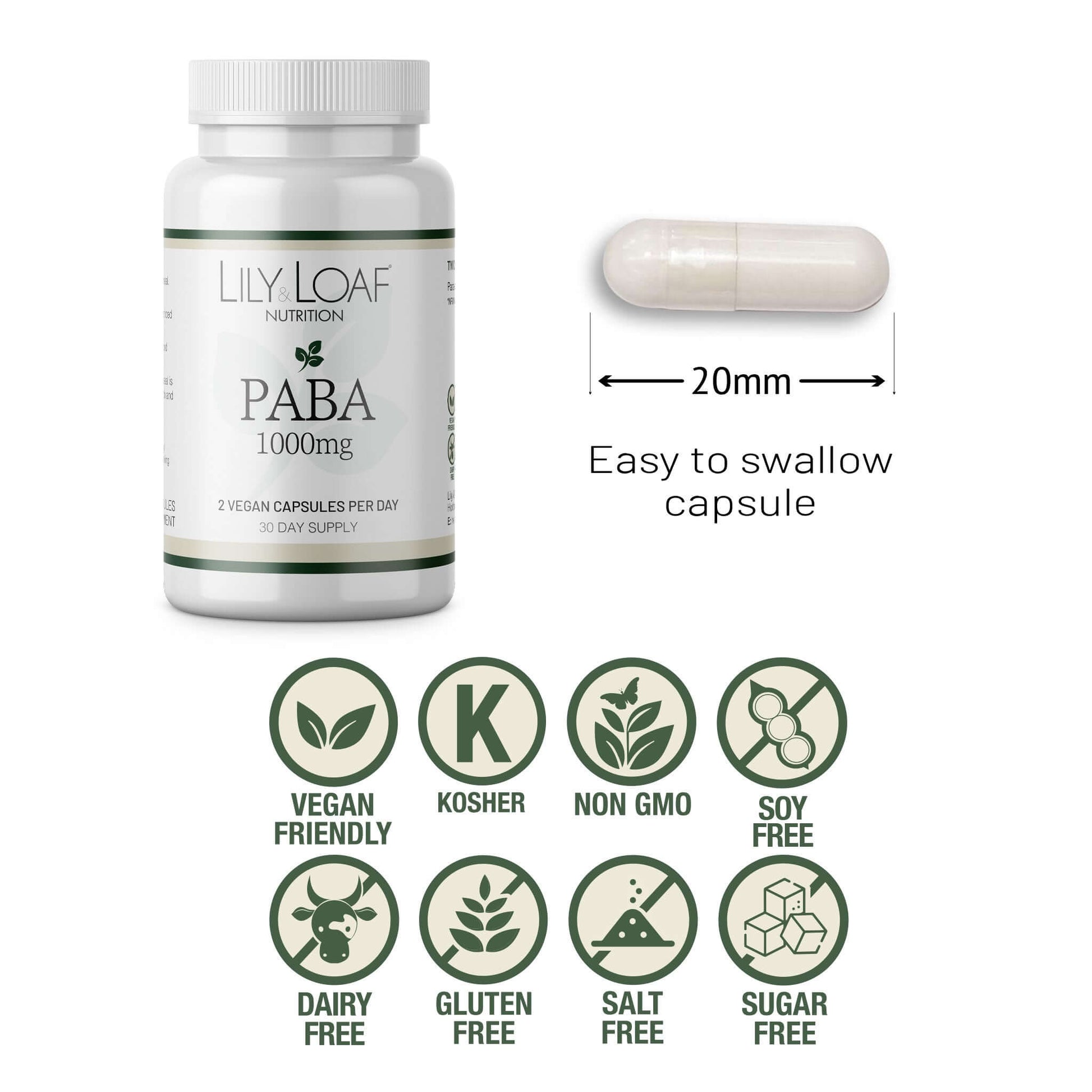 Lily & Loaf PABA 1000mg supplement bottle with 20mm vegan capsule shown; icons highlight vegan, kosher, non-GMO, allergen and sugar-free features.