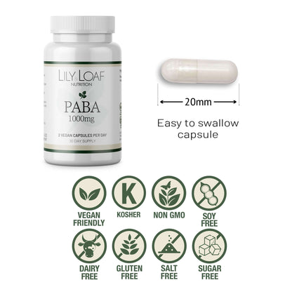 Lily & Loaf PABA 1000mg supplement bottle with 20mm vegan capsule shown; icons highlight vegan, kosher, non-GMO, allergen and sugar-free features.