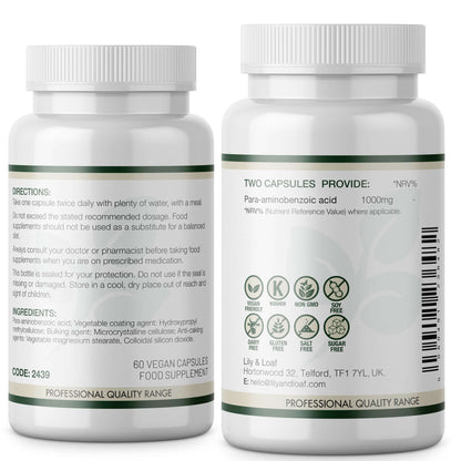 Back label of Lily & Loaf PABA 1000mg supplement showing directions, ingredients, nutritional info, and dietary icons including vegan, kosher, non-GMO, and allergen-free.
