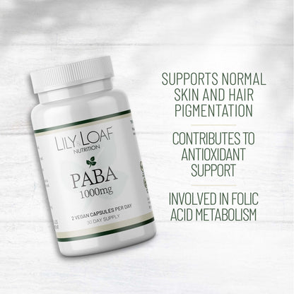 Lily & Loaf PABA 1000mg supplement bottle with benefits listed: supports normal skin and hair pigmentation, antioxidant support, and folic acid metabolism.