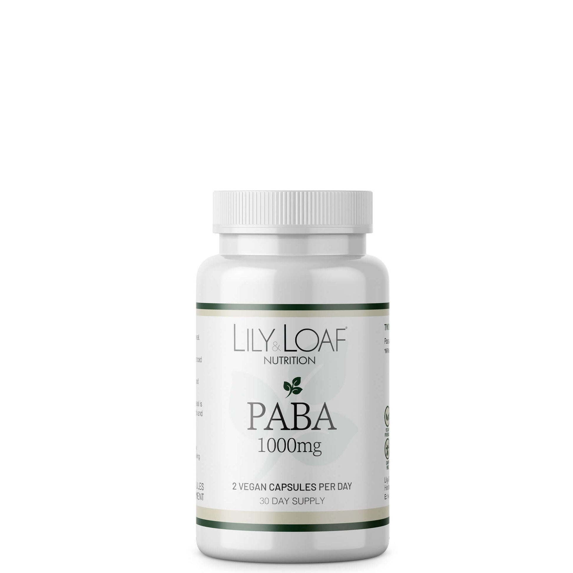 A bottle of Lily & Loaf Nutrition PABA 1000mg, labelled as a dietary supplement.