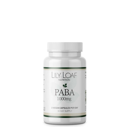 A bottle of Lily & Loaf Nutrition PABA 1000mg, labelled as a dietary supplement.