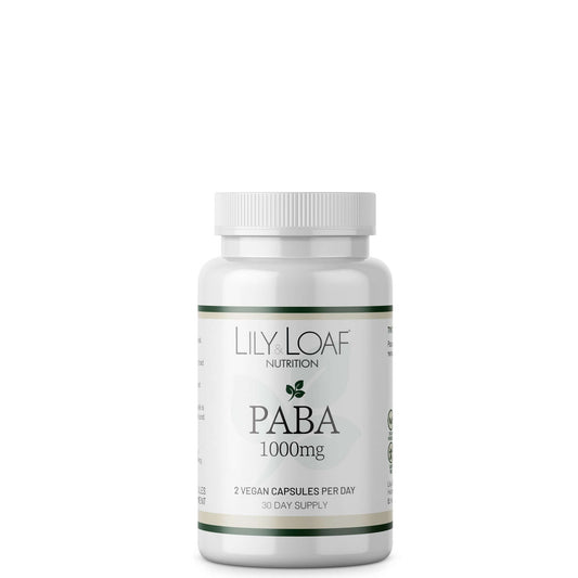 A bottle of Lily & Loaf Nutrition PABA 1000mg, labelled as a dietary supplement.