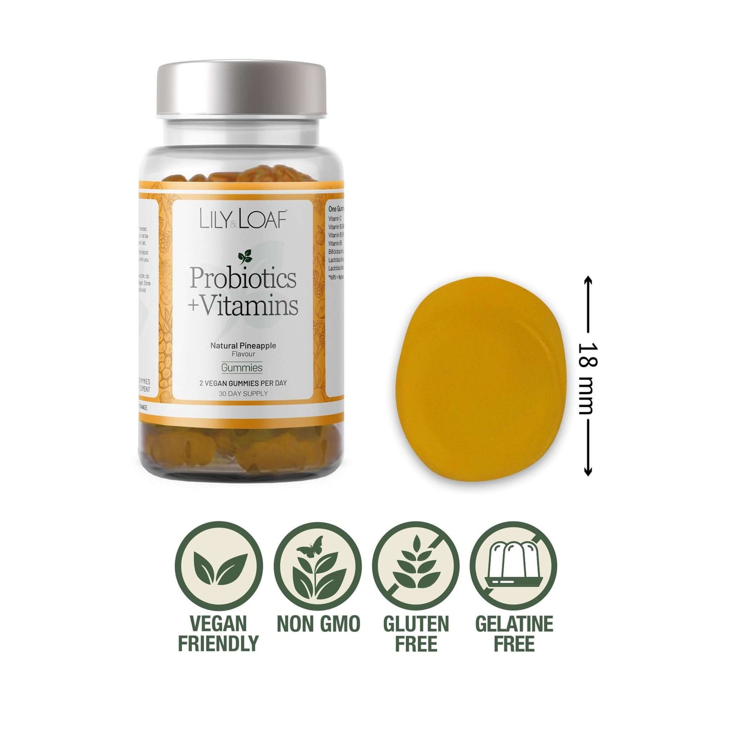 Lily & Loaf Probiotics + Vitamins Gummies bottle with gummy size shown (18mm) and icons for vegan, non-GMO, gluten-free, and gelatine-free benefits.