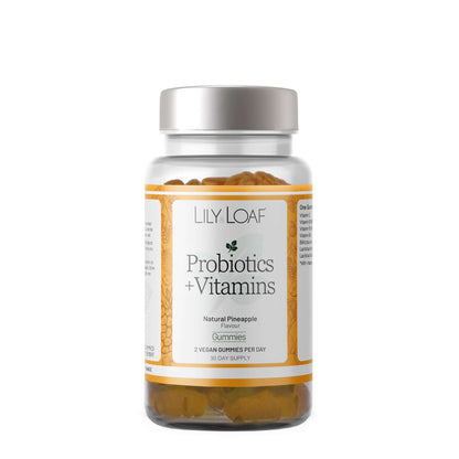 Lily & Loaf Probiotics + Vitamins gummies in natural pineapple flavour, supporting gut health and immunity. 30-day vegan supply