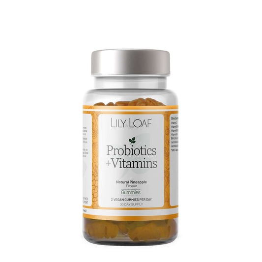 Lily & Loaf Probiotics + Vitamins gummies in natural pineapple flavour, supporting gut health and immunity. 30-day vegan supply
