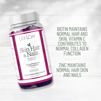 Lily & Loaf Skin Hair & Nails gummies with biotin, zinc, and vitamin C, supporting normal hair, skin, and nails, plus collagen function.