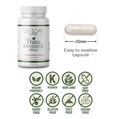 Lily & Loaf Trans Resveratrol 400mg bottle with 20mm capsule, vegan, kosher, non-GMO, soy, dairy, gluten, salt, and sugar free