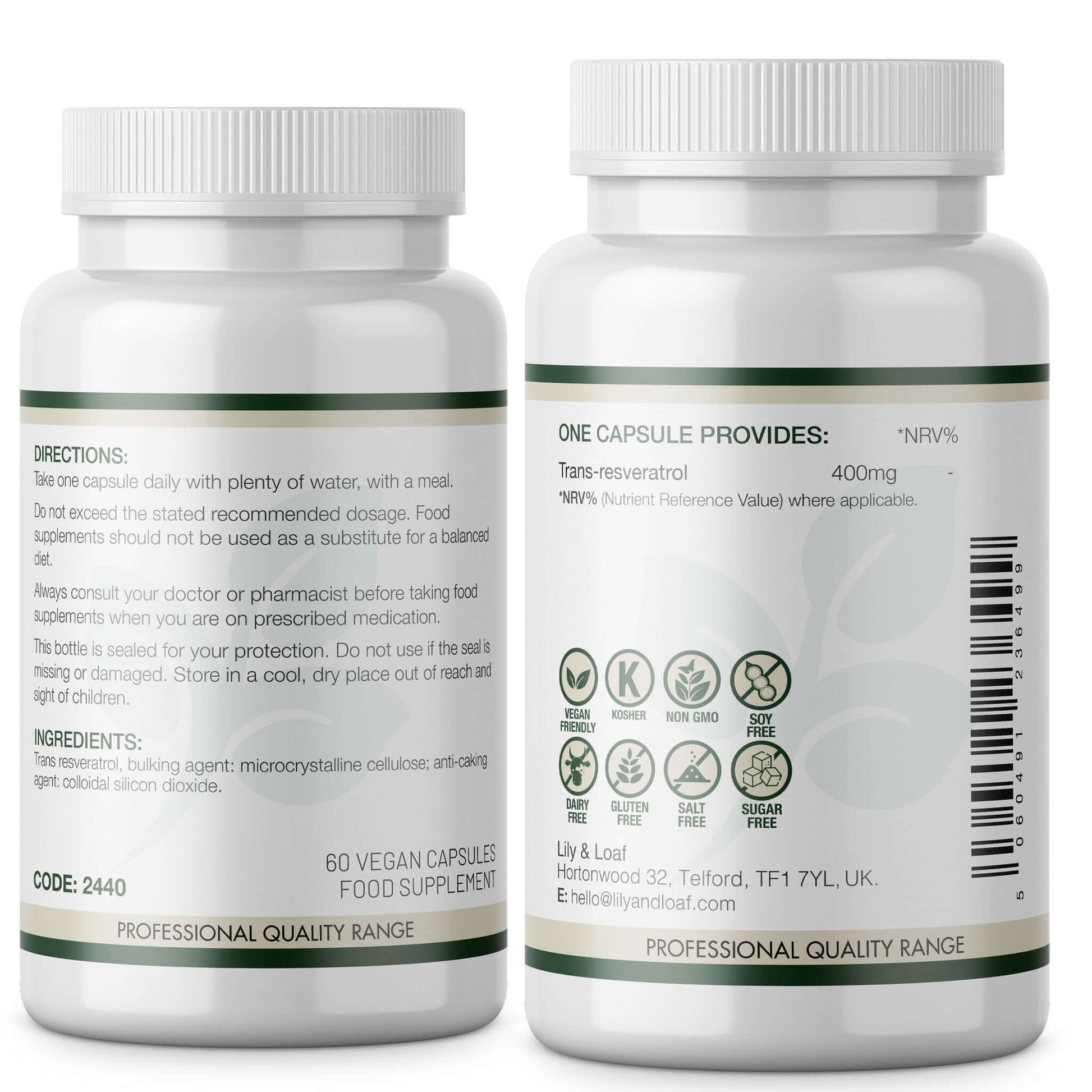 Back view of Lily & Loaf Trans Resveratrol 400mg bottle showing directions, ingredients, and nutrition information for 1 vegan capsule