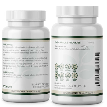 Back view of Lily & Loaf Trans Resveratrol 400mg bottle showing directions, ingredients, and nutrition information for 1 vegan capsule