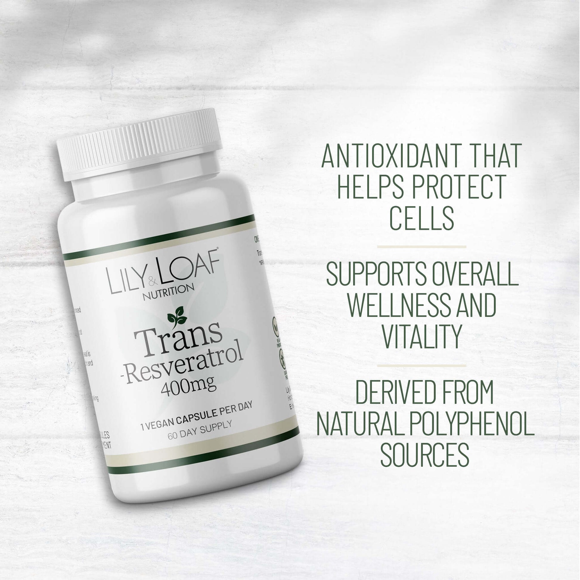 Lily & Loaf Trans Resveratrol 400mg bottle with text: antioxidant for cell protection, supports wellness, from natural polyphenol sources.