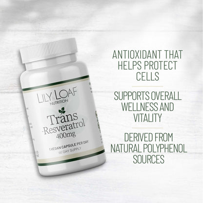 Lily & Loaf Trans Resveratrol 400mg bottle with text: antioxidant for cell protection, supports wellness, from natural polyphenol sources.