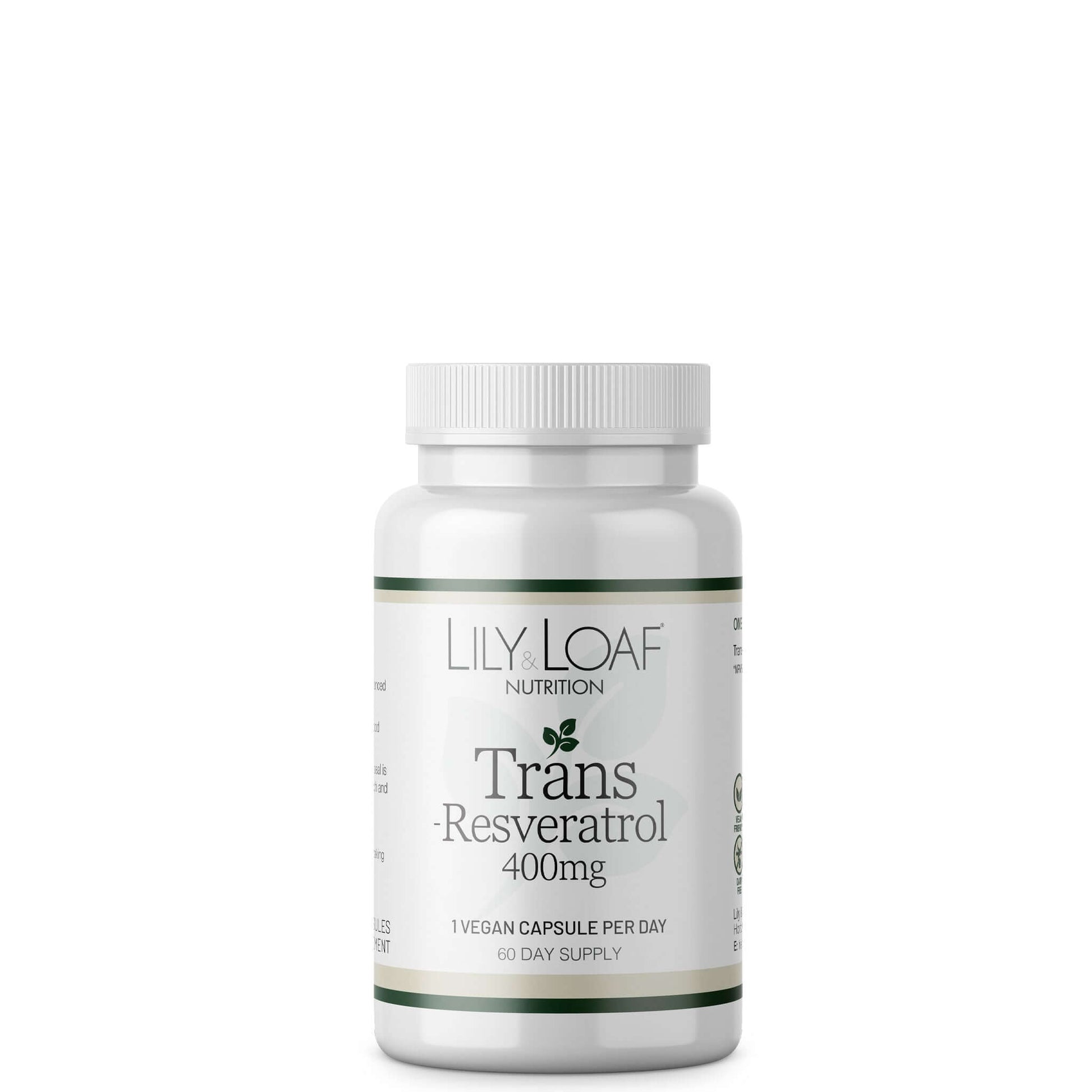 A bottle of Lily & Loaf Trans-Resveratrol 400mg capsules.