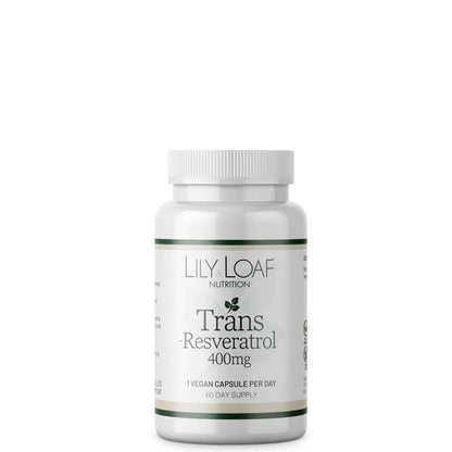 A bottle of Lily & Loaf Trans-Resveratrol 400mg capsules.