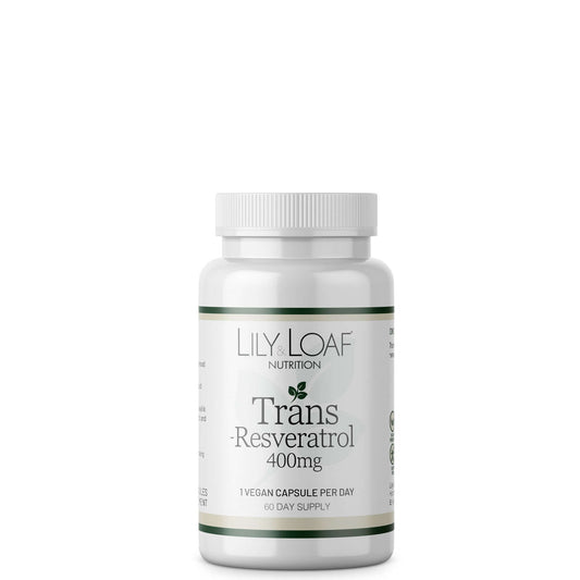A bottle of Lily & Loaf Trans-Resveratrol 400mg capsules.
