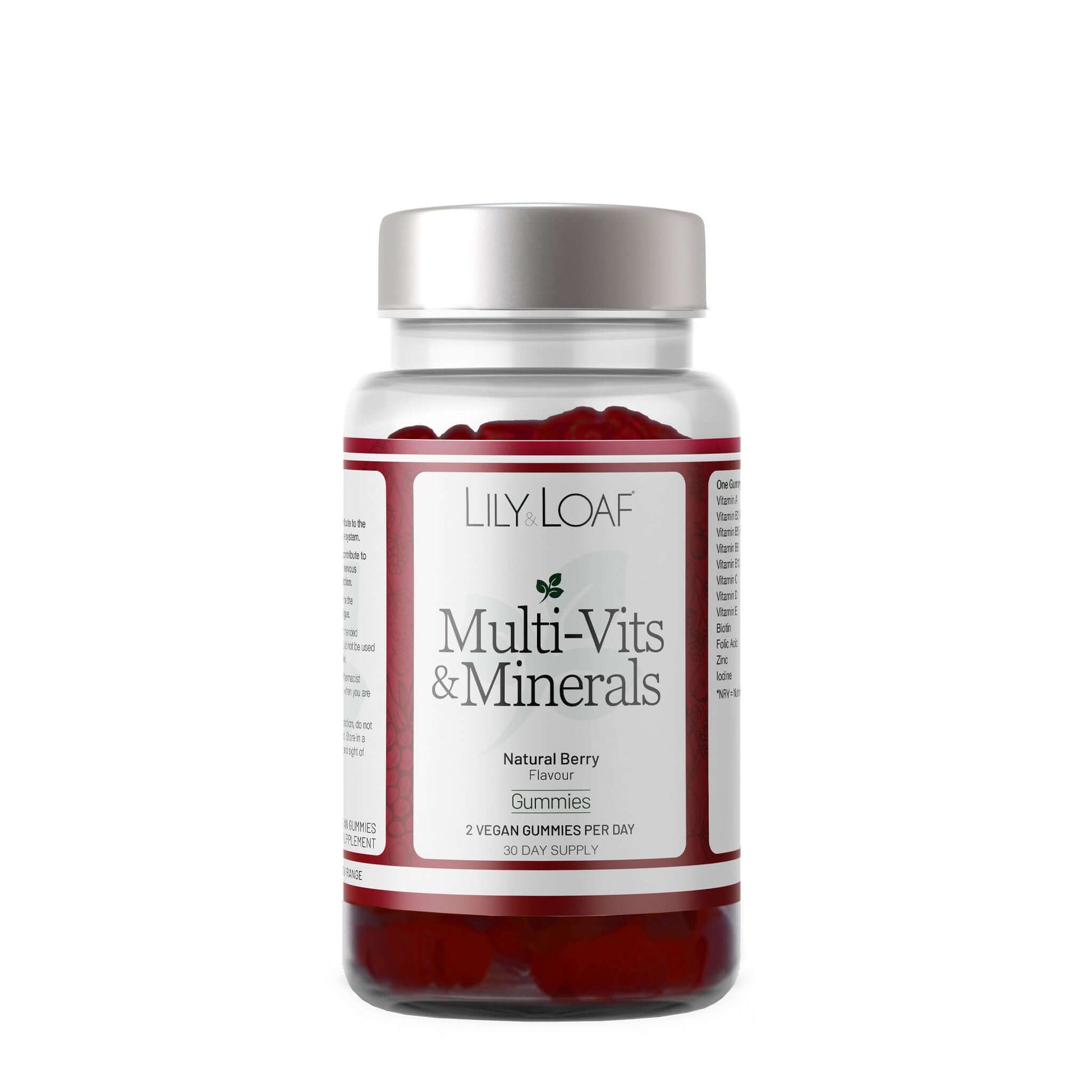 A bottle of Lily & Loaf Multi-Vits & Minerals gummies with natural berry flavor.