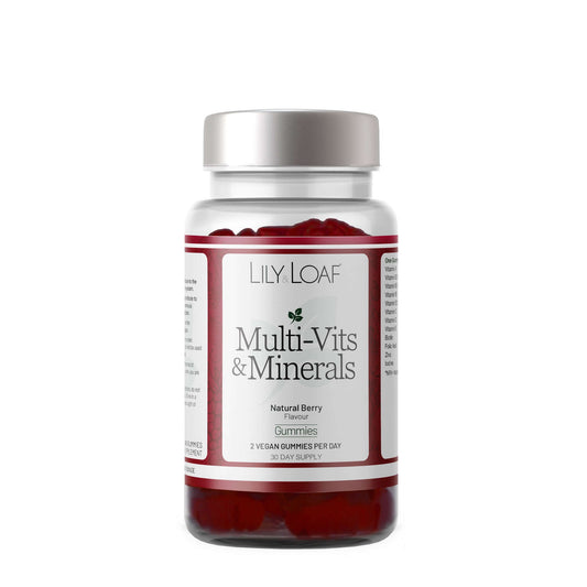 A bottle of Lily & Loaf Multi-Vits & Minerals gummies with natural berry flavor.