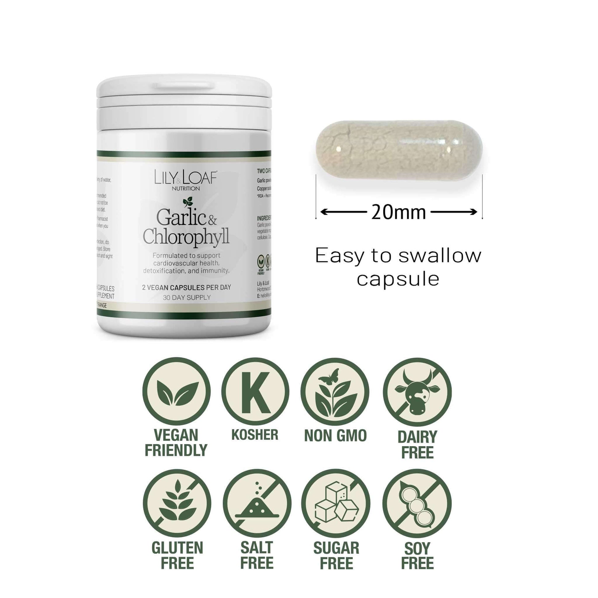 Lily & Loaf Garlic & Chlorophyll supplement with 20mm vegan capsule and icons showing vegan, kosher, non-GMO, and allergen-free benefits.