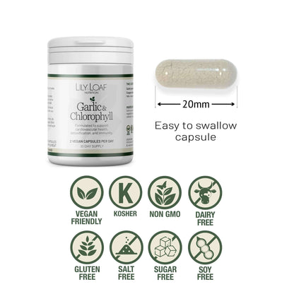 Lily & Loaf Garlic & Chlorophyll supplement with 20mm vegan capsule and icons showing vegan, kosher, non-GMO, and allergen-free benefits.