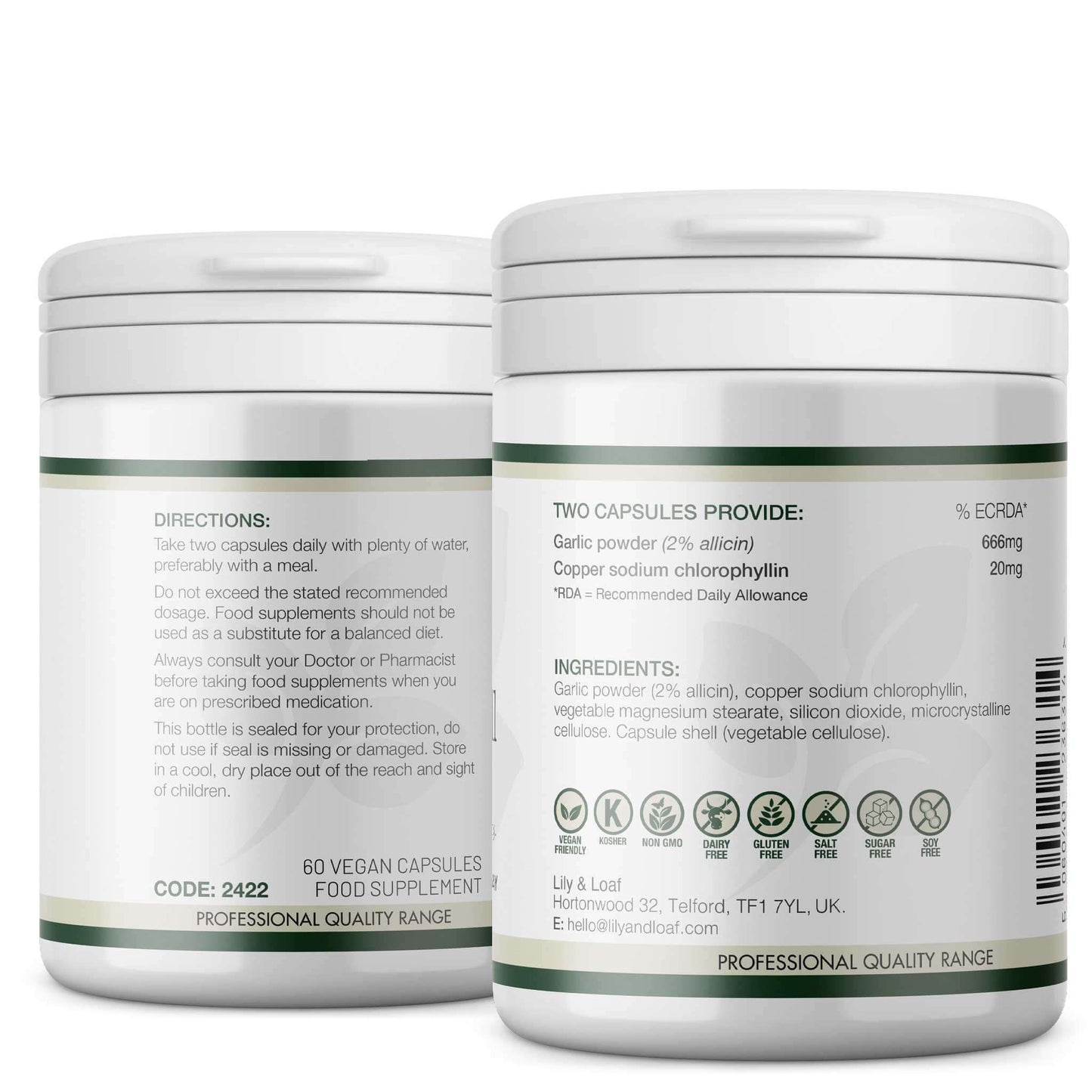 Back of Lily & Loaf Garlic & Chlorophyll supplement showing directions, ingredients, allergen icons, and daily nutrient values.