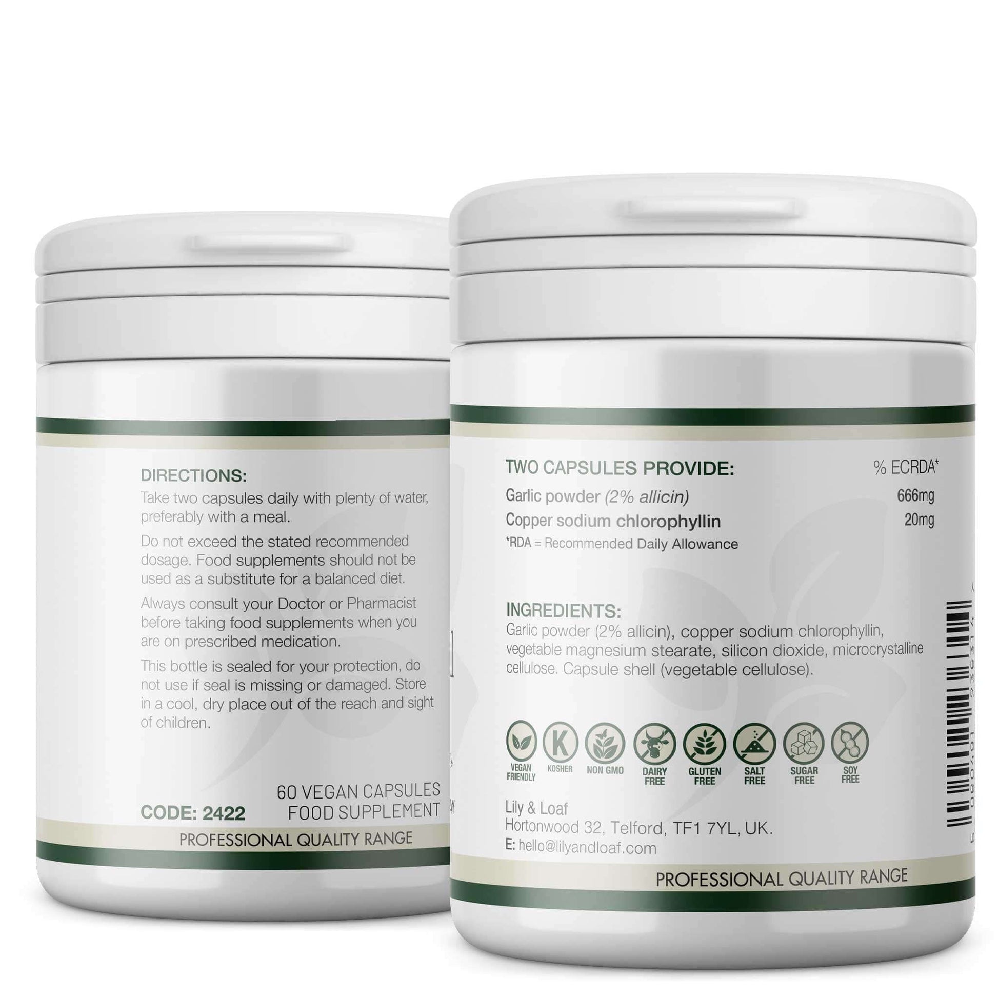 Back of Lily & Loaf Garlic & Chlorophyll supplement showing directions, ingredients, allergen icons, and daily nutrient values.