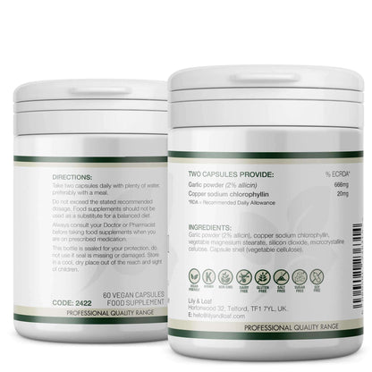 Back of Lily & Loaf Garlic & Chlorophyll supplement showing directions, ingredients, allergen icons, and daily nutrient values.