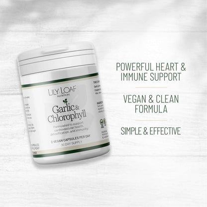 Lily & Loaf Garlic & Chlorophyll supplement pot, angled on a white wood background, highlighting vegan, heart, and immune support benefits.