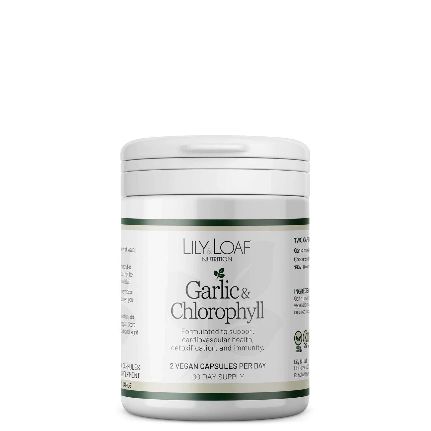 Lily & Loaf Garlic & Chlorophyll supplement pot showing product label on a white background.