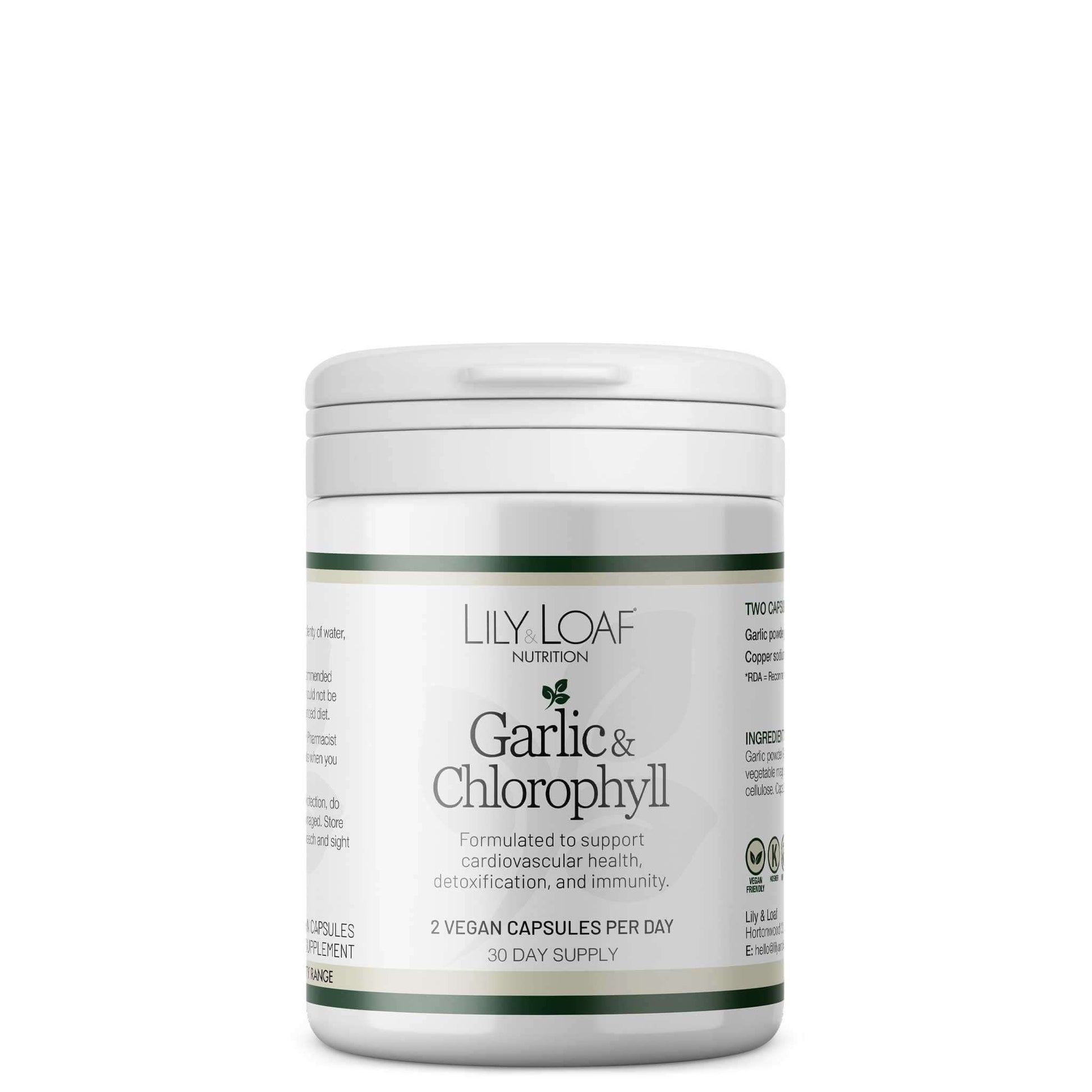 Lily & Loaf Garlic & Chlorophyll supplement pot showing product label on a white background.