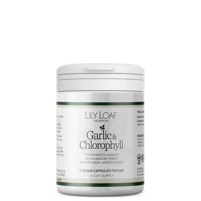 Lily & Loaf Garlic & Chlorophyll supplement pot showing product label on a white background.